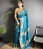 turquoise raw silk blend zari woven ghicha art saree
