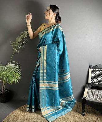 turquoise raw silk blend zari woven ghicha art saree 2
