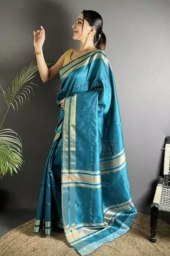 turquoise raw silk blend zari woven ghicha art saree