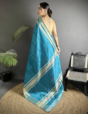 turquoise raw silk blend zari woven ghicha art saree 3