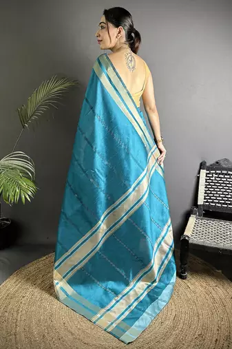 turquoise raw silk blend zari woven ghicha art saree