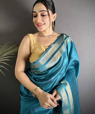 turquoise raw silk blend zari woven ghicha art saree 4