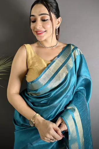 turquoise raw silk blend zari woven ghicha art saree