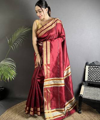red raw silk blend zari woven ghicha art saree 1