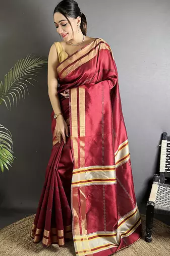 red raw silk blend zari woven ghicha art saree