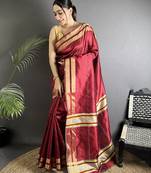 red raw silk blend zari woven ghicha art saree