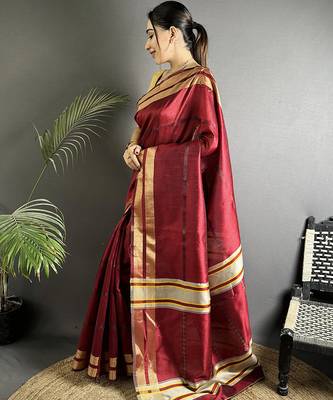 red raw silk blend zari woven ghicha art saree 2