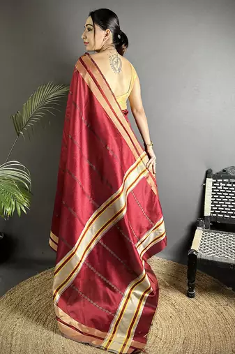 red raw silk blend zari woven ghicha art saree
