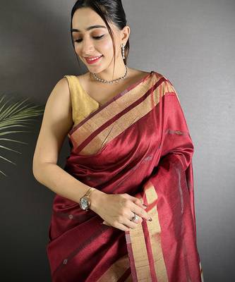 red raw silk blend zari woven ghicha art saree 4