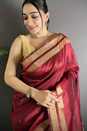 red raw silk blend zari woven ghicha art saree