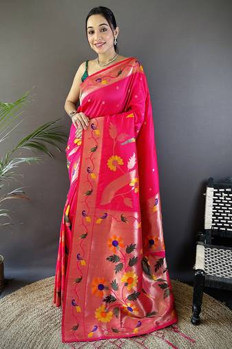 rani pink soft silk blend zari woven floral motifs paithani saree