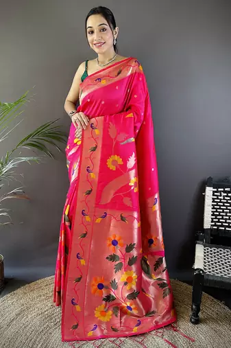 rani pink soft silk blend zari woven floral motifs paithani saree