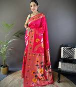 rani pink soft silk blend zari woven floral motifs paithani saree