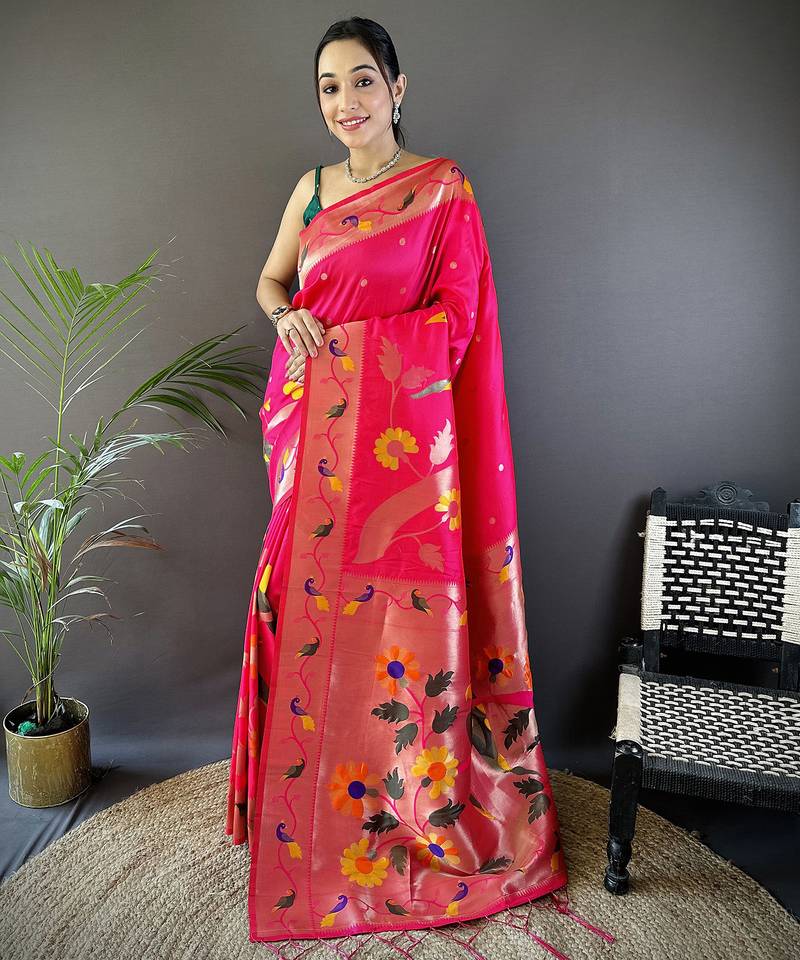 rani pink soft silk blend zari woven floral motifs paithani saree