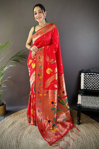 red soft silk blend zari woven floral motifs paithani saree