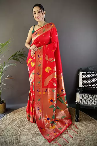 red soft silk blend zari woven floral motifs paithani saree