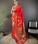 red soft silk blend zari woven floral motifs paithani saree