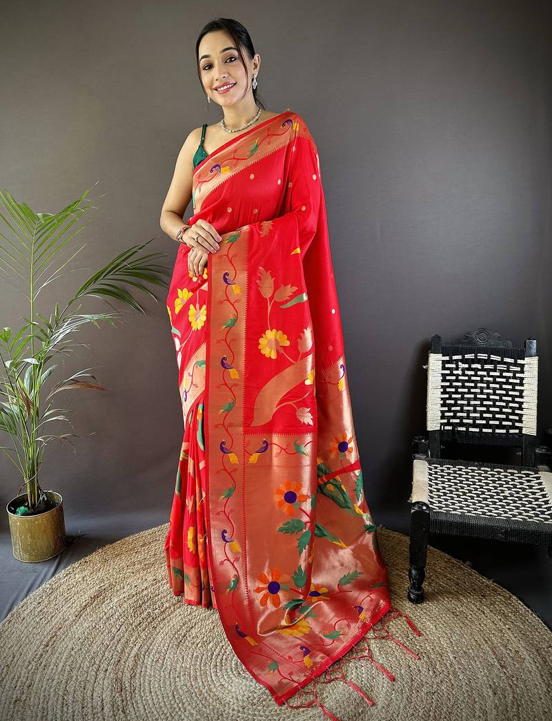 red soft silk blend zari woven floral motifs paithani saree