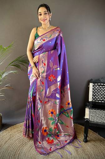 purple soft silk blend zari woven floral motifs paithani saree