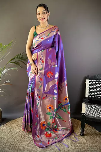 purple soft silk blend zari woven floral motifs paithani saree