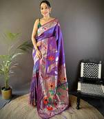 purple soft silk blend zari woven floral motifs paithani saree