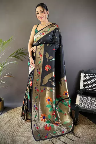 black soft silk blend zari woven floral motifs paithani saree