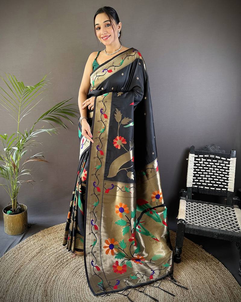 black soft silk blend zari woven floral motifs paithani saree