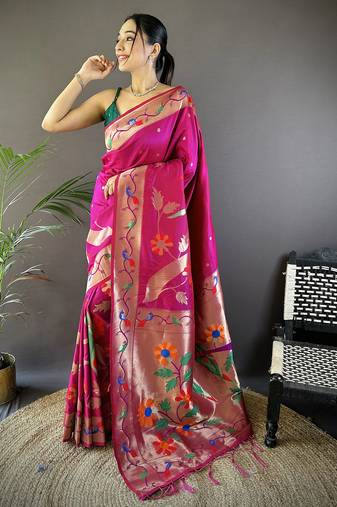 dark pink soft silk blend zari woven floral motifs paithani saree