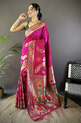 dark pink soft silk blend zari woven floral motifs paithani saree