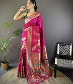 dark pink soft silk blend zari woven floral motifs paithani saree