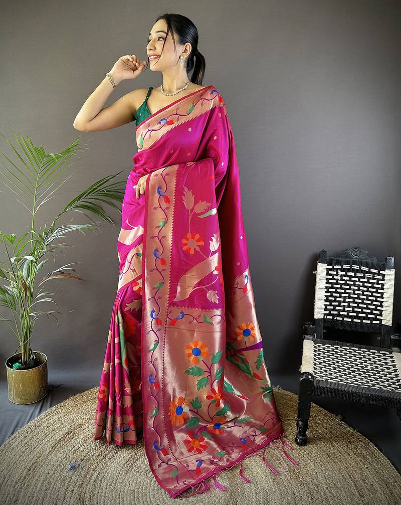 dark pink soft silk blend zari woven floral motifs paithani saree