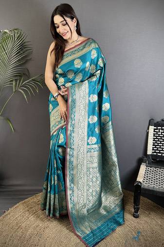 teal soft lichi silk blend ethnic floral motifs banarasi saree