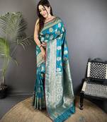 teal soft lichi silk blend ethnic floral motifs banarasi saree