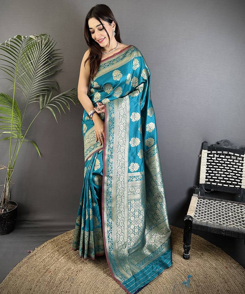 teal soft lichi silk blend ethnic floral motifs banarasi saree