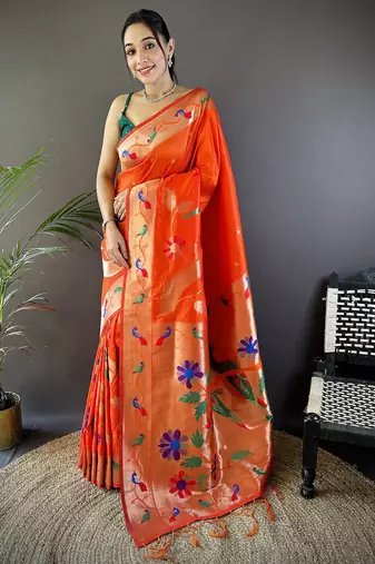 orange soft silk blend zari woven floral motifs paithani saree