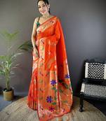 orange soft silk blend zari woven floral motifs paithani saree