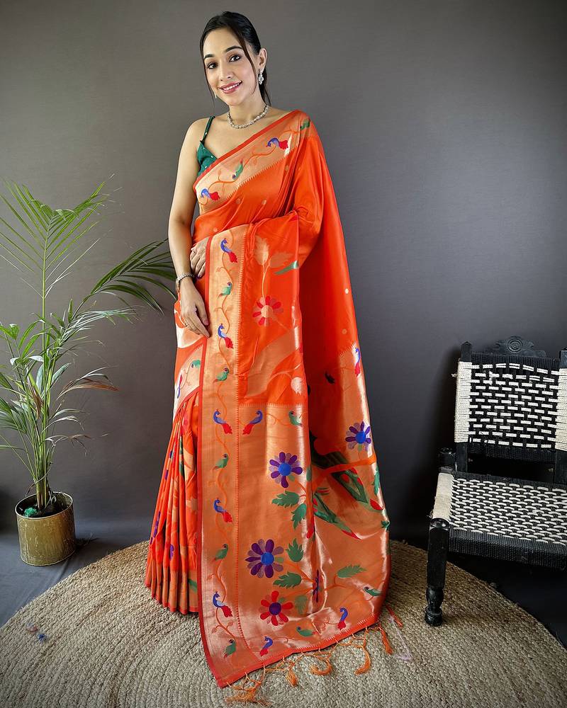 orange soft silk blend zari woven floral motifs paithani saree