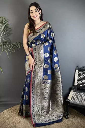 navy blue soft lichi silk blend ethnic floral motifs banarasi saree