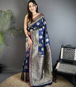 navy blue soft lichi silk blend ethnic floral motifs banarasi saree