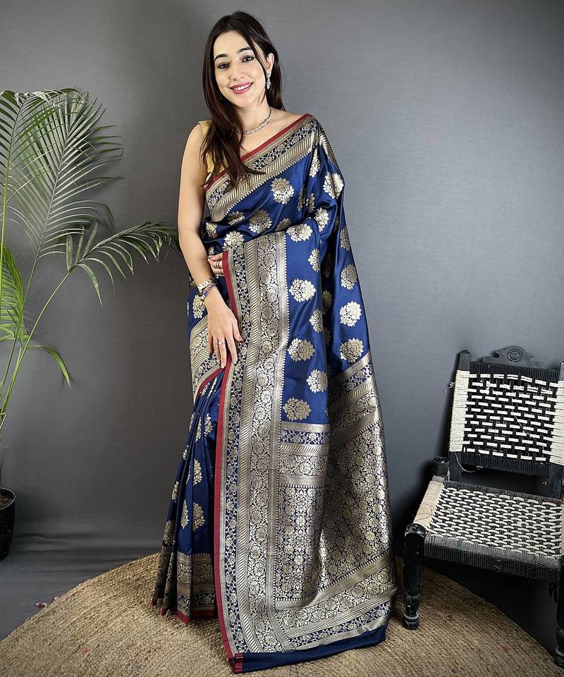 navy blue soft lichi silk blend ethnic floral motifs banarasi saree