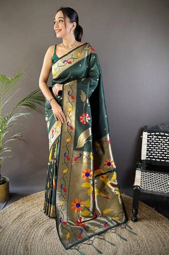 green soft silk blend zari woven floral motifs paithani saree