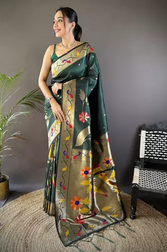 green soft silk blend zari woven floral motifs paithani saree