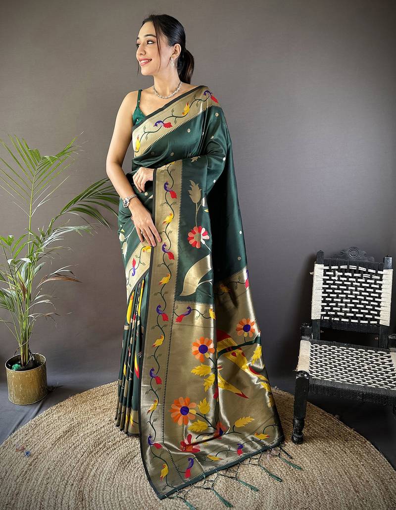 green soft silk blend zari woven floral motifs paithani saree