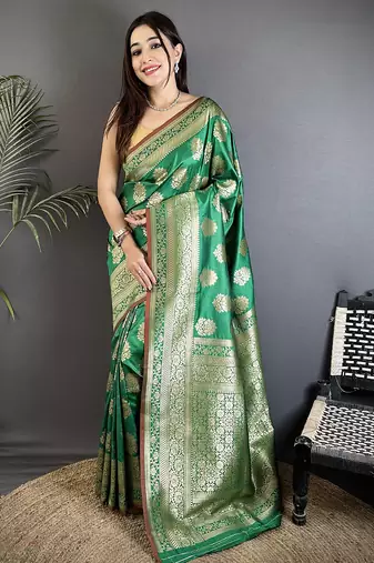 green soft lichi silk blend ethnic floral motifs banarasi saree