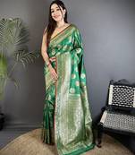 green soft lichi silk blend ethnic floral motifs banarasi saree