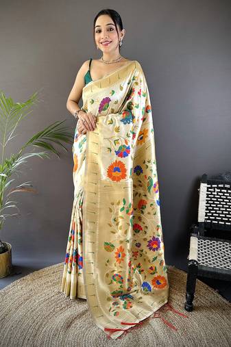 off-white soft silk blend zari woven floral motifs paithani saree