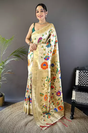 off-white soft silk blend zari woven floral motifs paithani saree