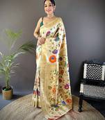 off-white soft silk blend zari woven floral motifs paithani saree