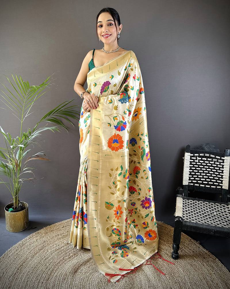 off-white soft silk blend zari woven floral motifs paithani saree