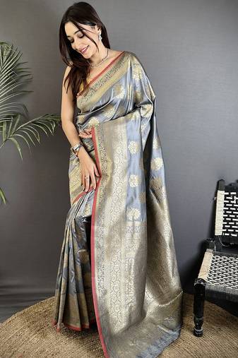grey soft lichi silk blend ethnic floral motifs banarasi saree